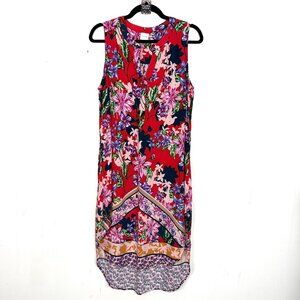 Cupio Dress Red Colorful Floral Sleeveless High Low Hem Notched Neck XL